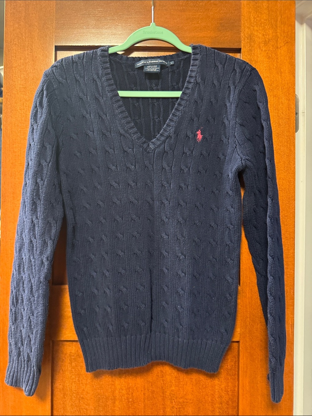 Ralph Lauren Navy Cable-Knit V-Neck Sweater with Pink Pony